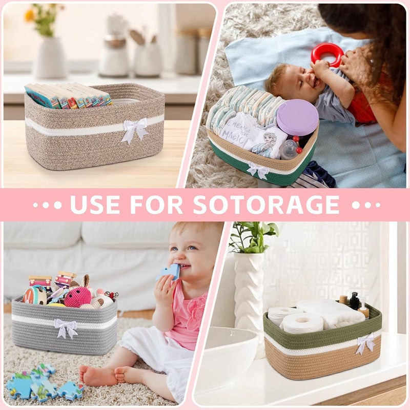 OIAHOMY Large Woven Storage Basket with Handles for Nursery Living Room Shelves, Bow Basket for Gifts Empty with Gift Bags and Ribbons for Baby Showers Pet Toy Bin - Brown & White - Image 4